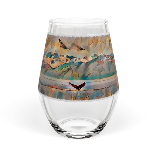 Whale Tail Stemless 11.75oz Wine Glass — Coastal Mountain Art with Inspirational Quote