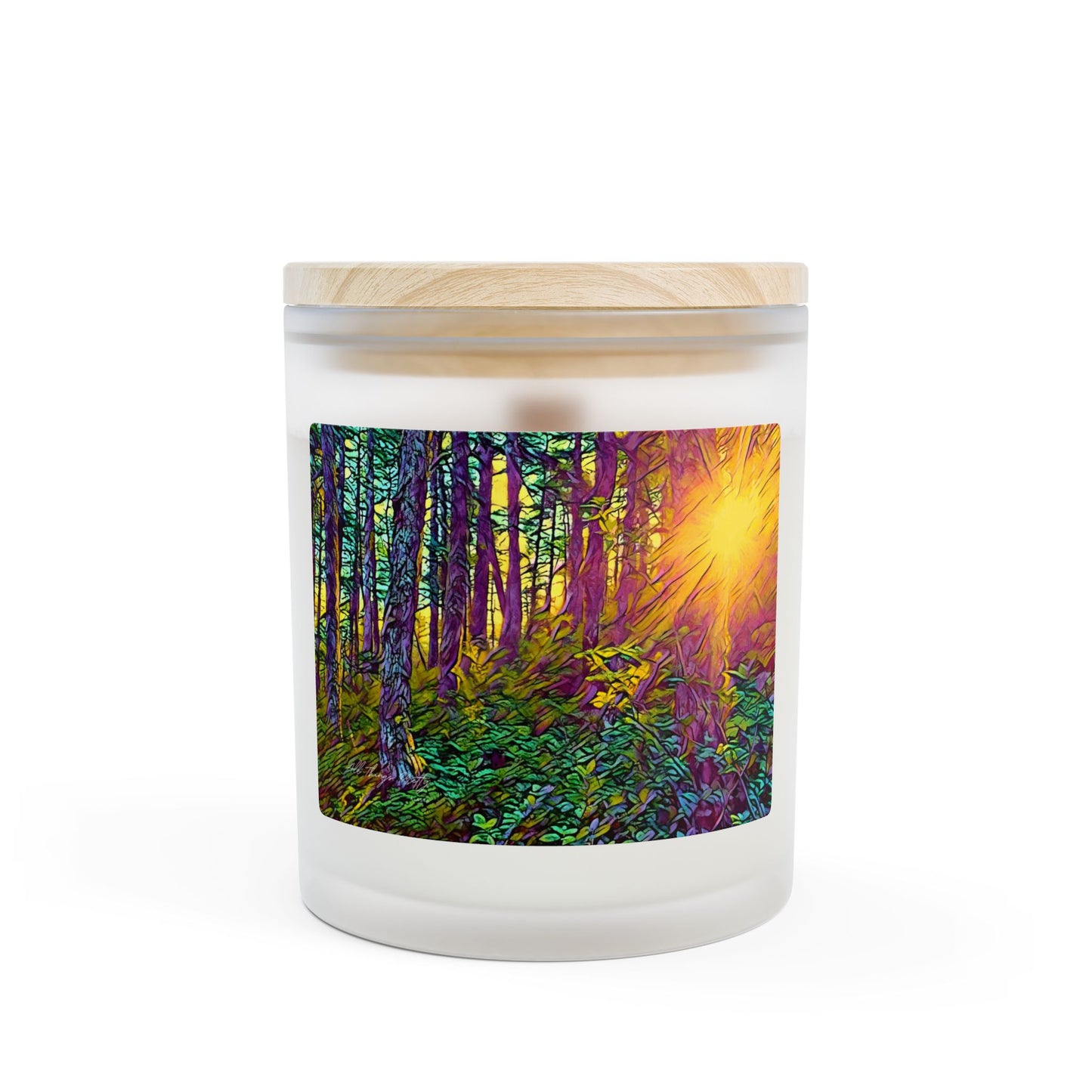 Sunlit Forest Abstract Frosted Glass Scented Candle — 11 oz Wilderness Nature Landscape