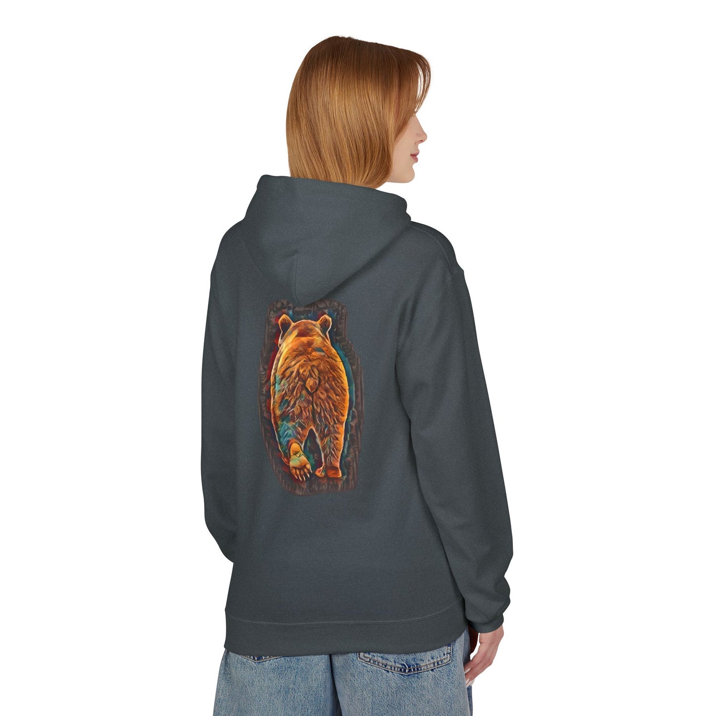 Teal & Bronze Abstract Watercolor Bear, Medium Weight Fleece Hoodie Pullover