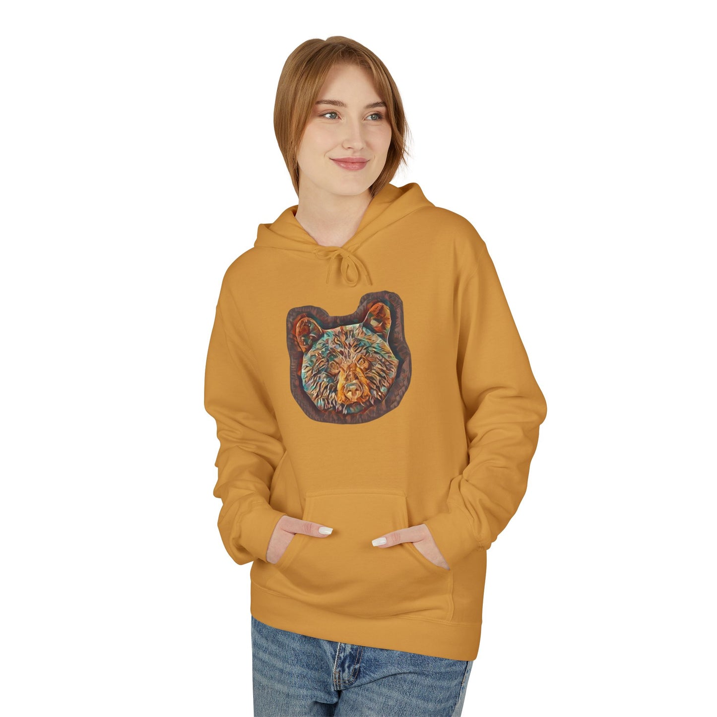 Teal & Bronze Abstract Watercolor Bear, Medium Weight Fleece Hoodie Pullover