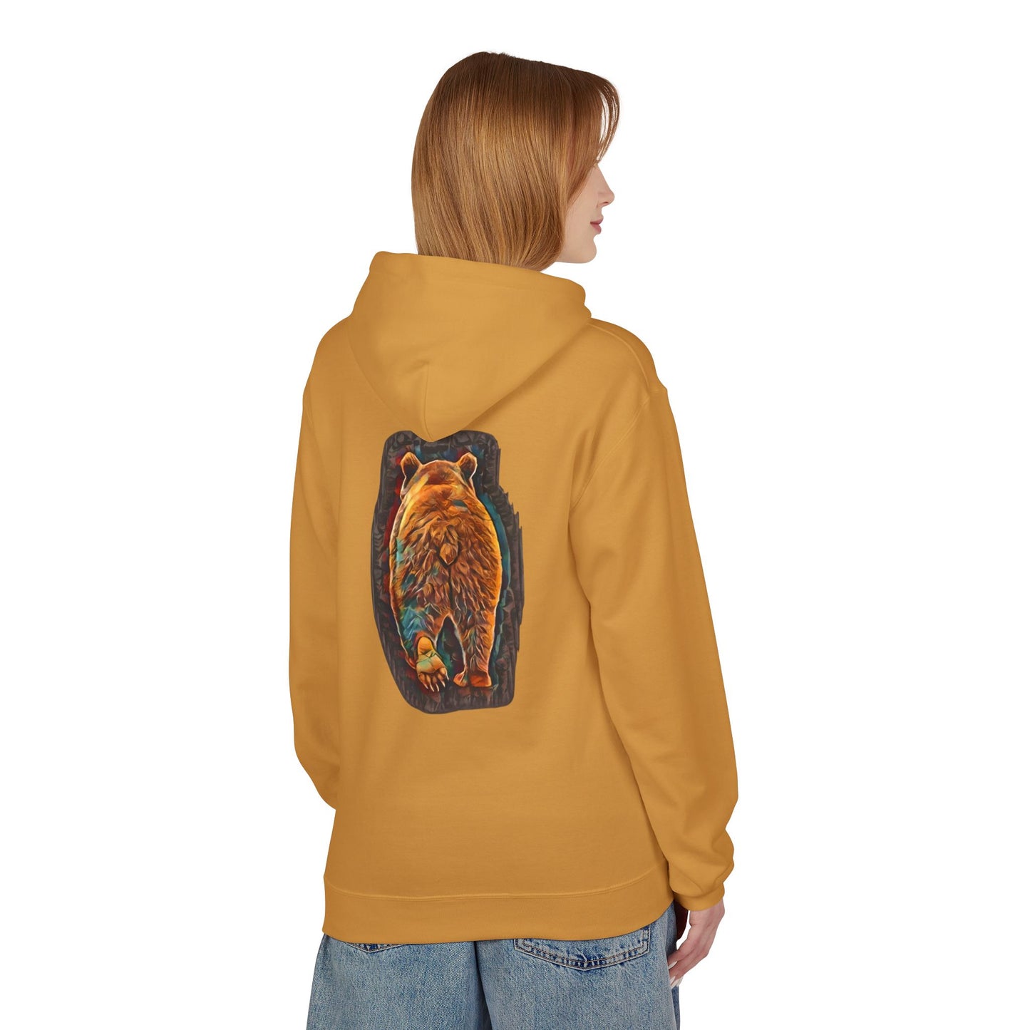 Teal & Bronze Abstract Watercolor Bear, Medium Weight Fleece Hoodie Pullover