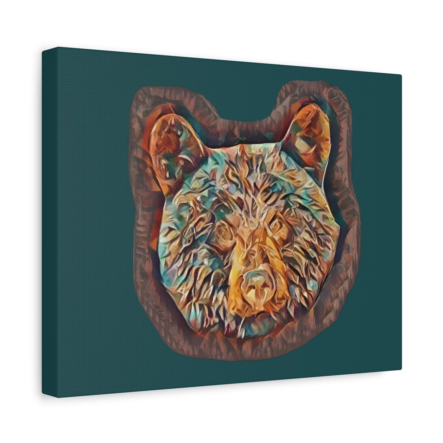 Abstract Bear Head Matte Canvas Wall Art – Teal and Bronze Bear Portrait