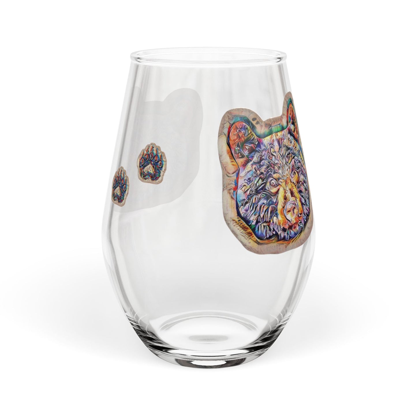 Bear Paw Stemless Wine Glass — Colorful Bear Head & Paw Print 11.75oz