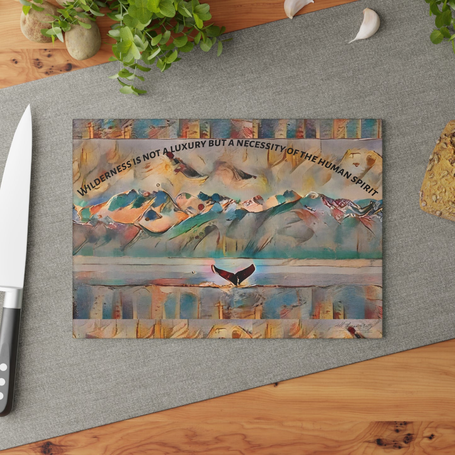 Glass Cutting Board — 'Wilderness Is Not A Luxury' Artistic Abstract Whale