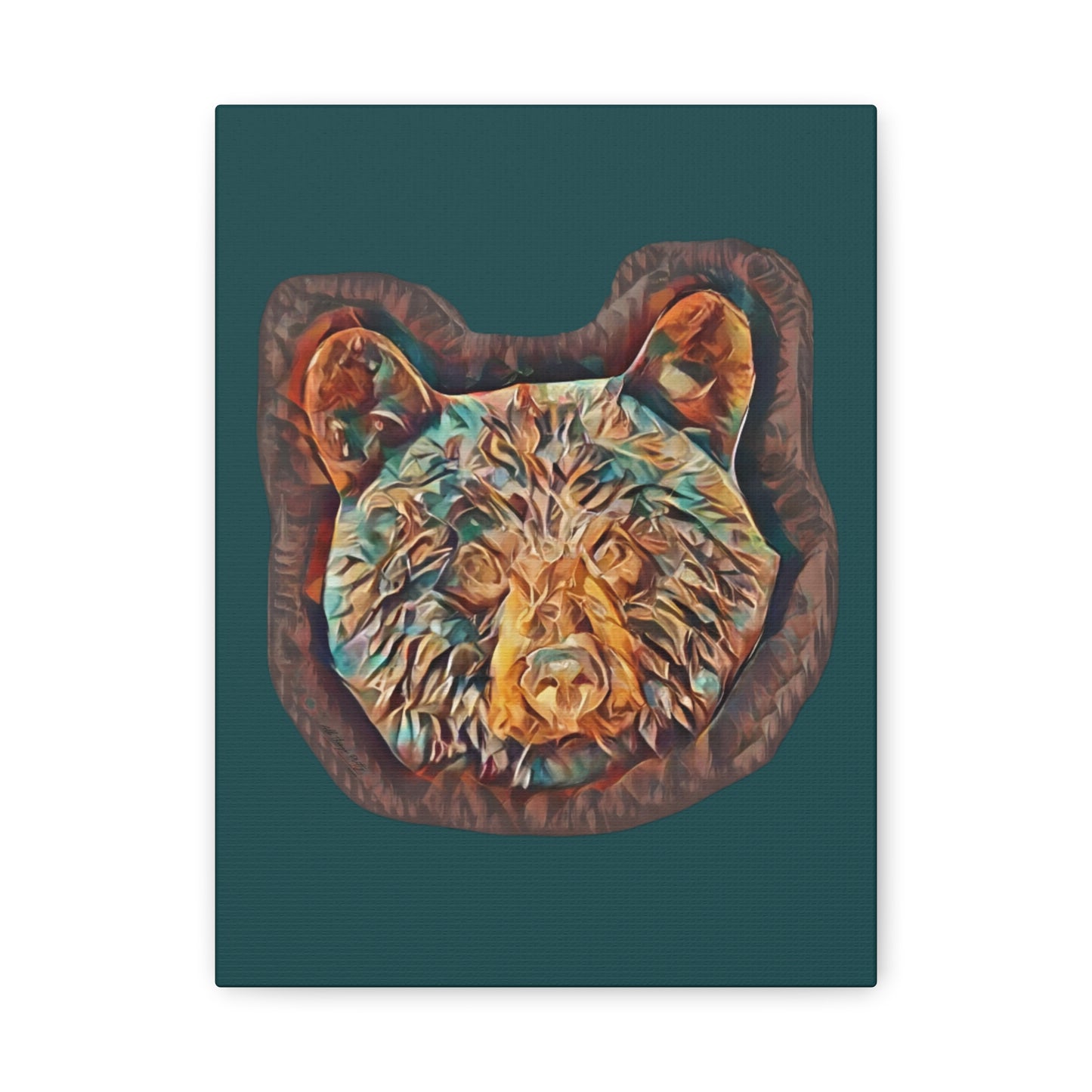 Abstract Bear Head Matte Canvas Wall Art – Teal and Bronze Bear Portrait