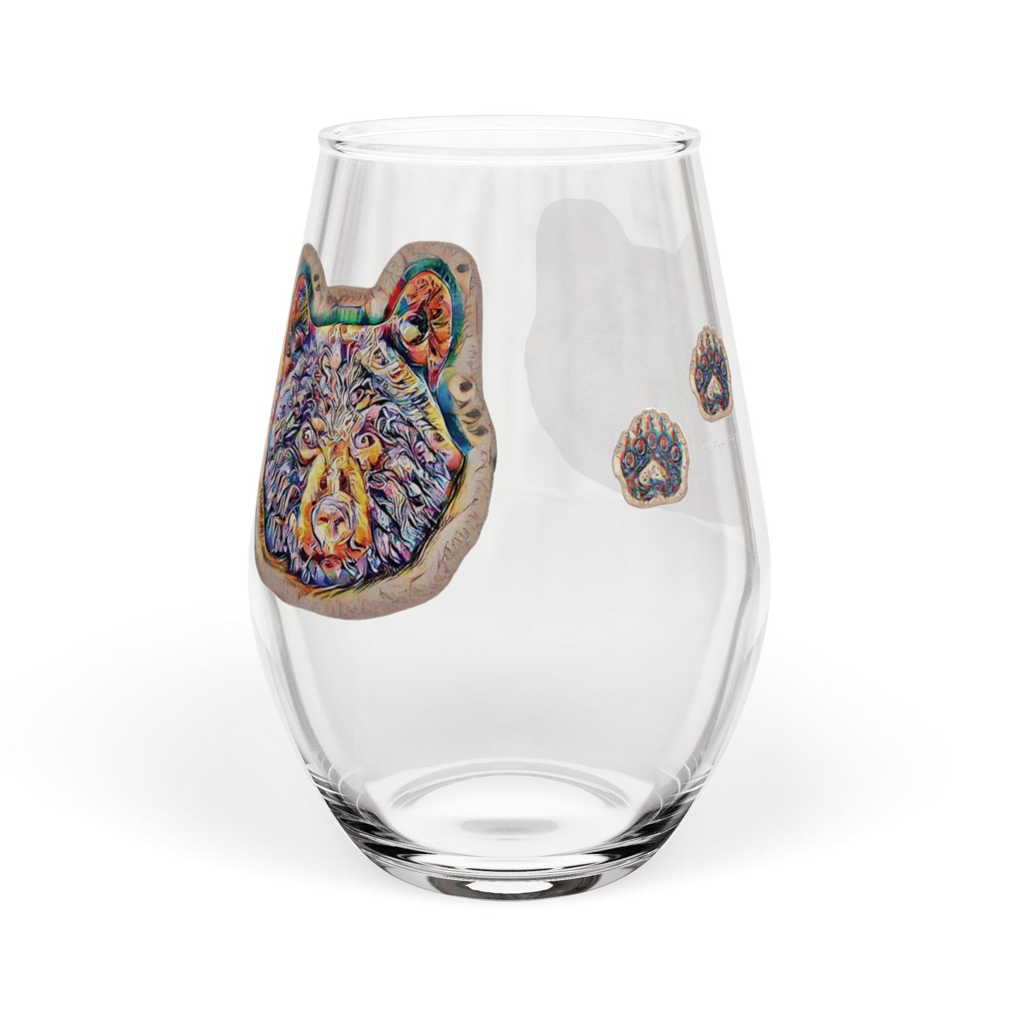 Bear Paw Stemless Wine Glass — Colorful Bear Head & Paw Print 11.75oz