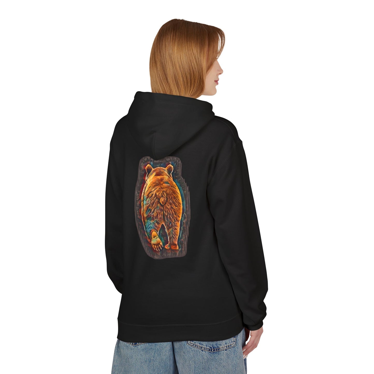 Teal & Bronze Abstract Watercolor Bear, Medium Weight Fleece Hoodie Pullover