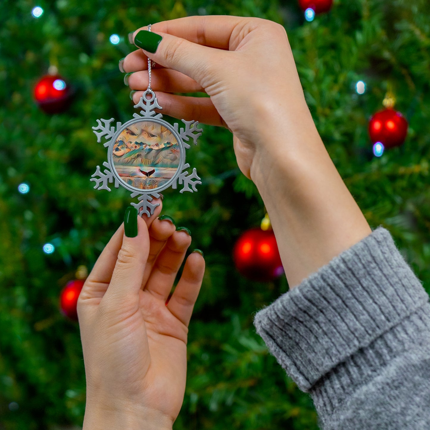 Pewter Snowflake Ornament — Whimsical Whale Tail Holiday Decoration