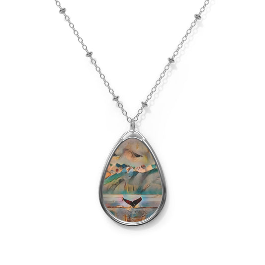Whale Tail and Mountains Necklace - Silver Teardrop Pendant
