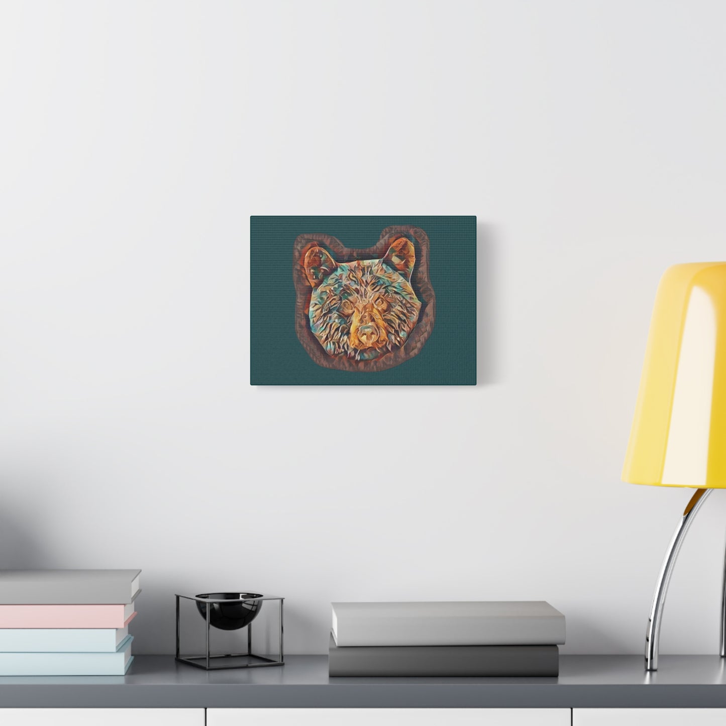 Abstract Bear Head Matte Canvas Wall Art – Teal and Bronze Bear Portrait