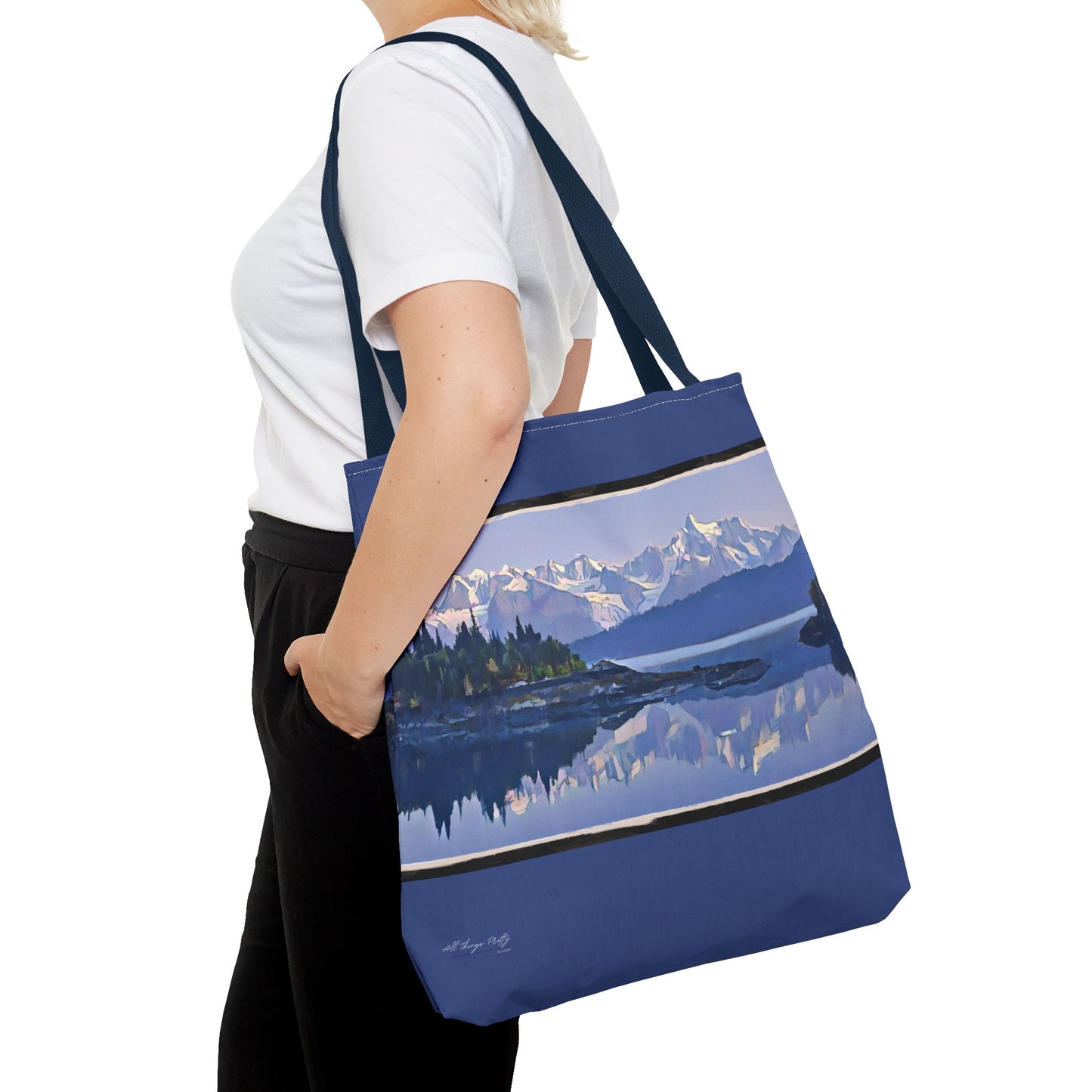 Mountain Glacier Reflection with Abstract Rustic Art –  All-Over Print Large Tote Bag