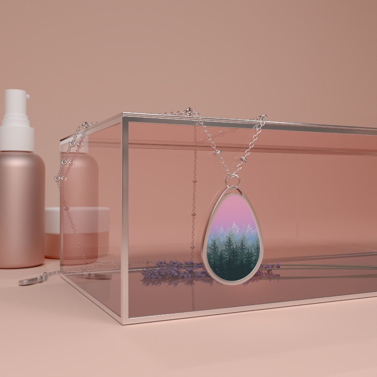 Teardrop Necklace – Pink Sunset Winter Forest Reflection Alpenglow Pendant