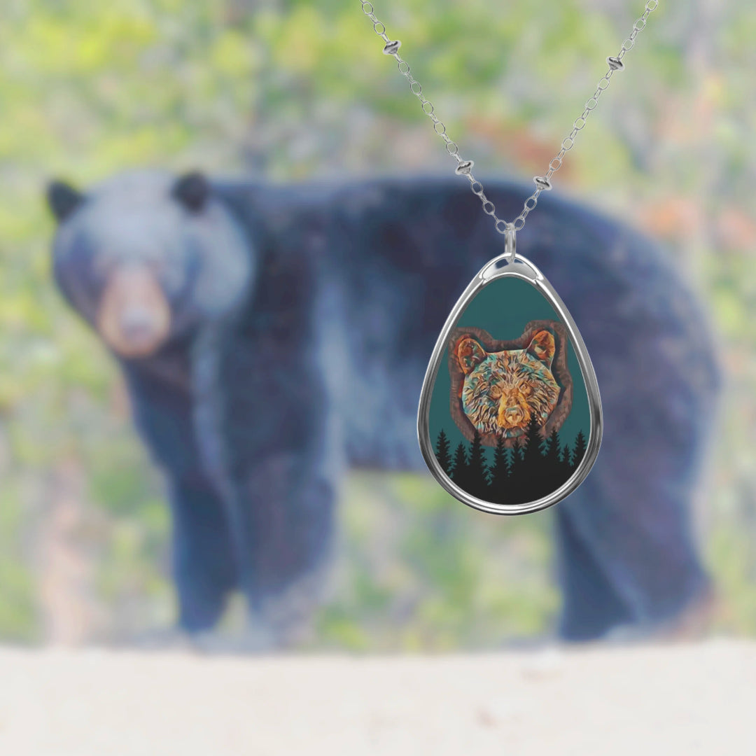Bear Forest Oval Pendant Necklace — Nature-Inspired Teardrop Jewelry