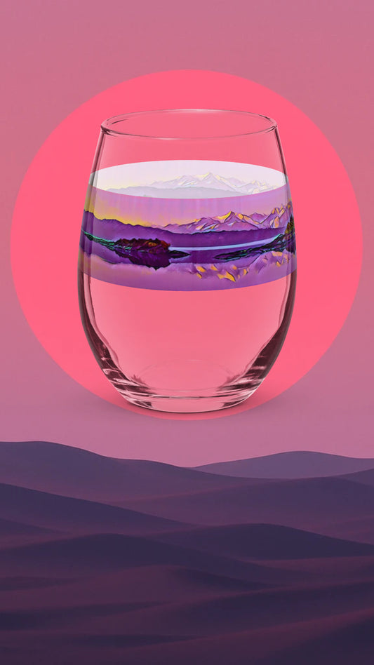 Stemless wine glass, Sunset Pink and Yellow Mountain Glacier Abstract Scene
